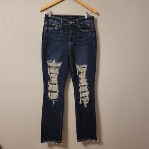 Judy Blue Womens Straight Fit Jeans Size 29 Distressed Raw Hem Dark Wash